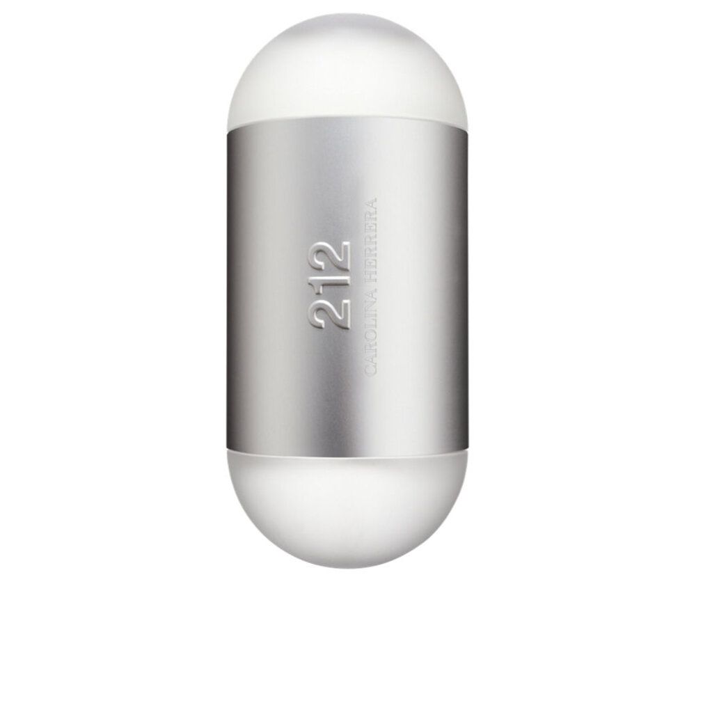 Cilindrische fles met zilveren middenstuk en witte uiteinden. Opschrift '212' en 'Carolina Herrera'.