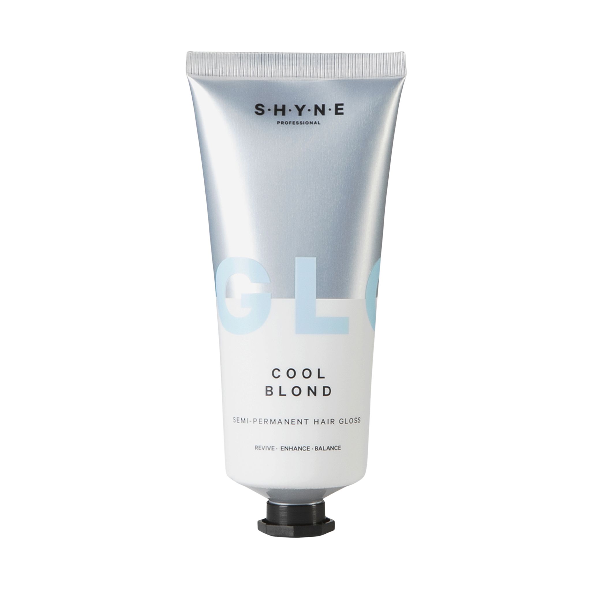 Tube argentée avec bouchon noir. Inscription: SHYNE, GLO, COOL BLOND. Désignation du produit: Semi-Permanent Hair Gloss.