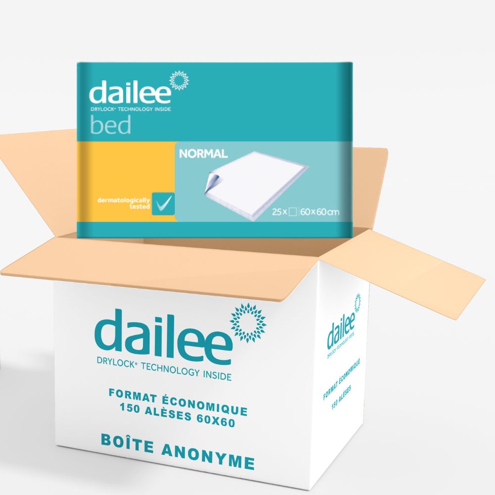 Alèse Dailee Bed, 150 unités. Produit dans un emballage en carton avec logo.