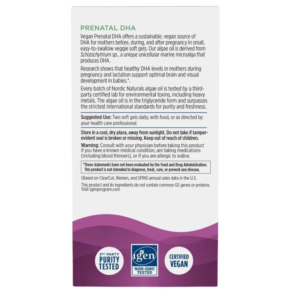 NORDIC NATURALS Prenatal DHA Vegan: Achterkant van de doos met productbeschrijving, gebruiksinstructies en keurmerken.
