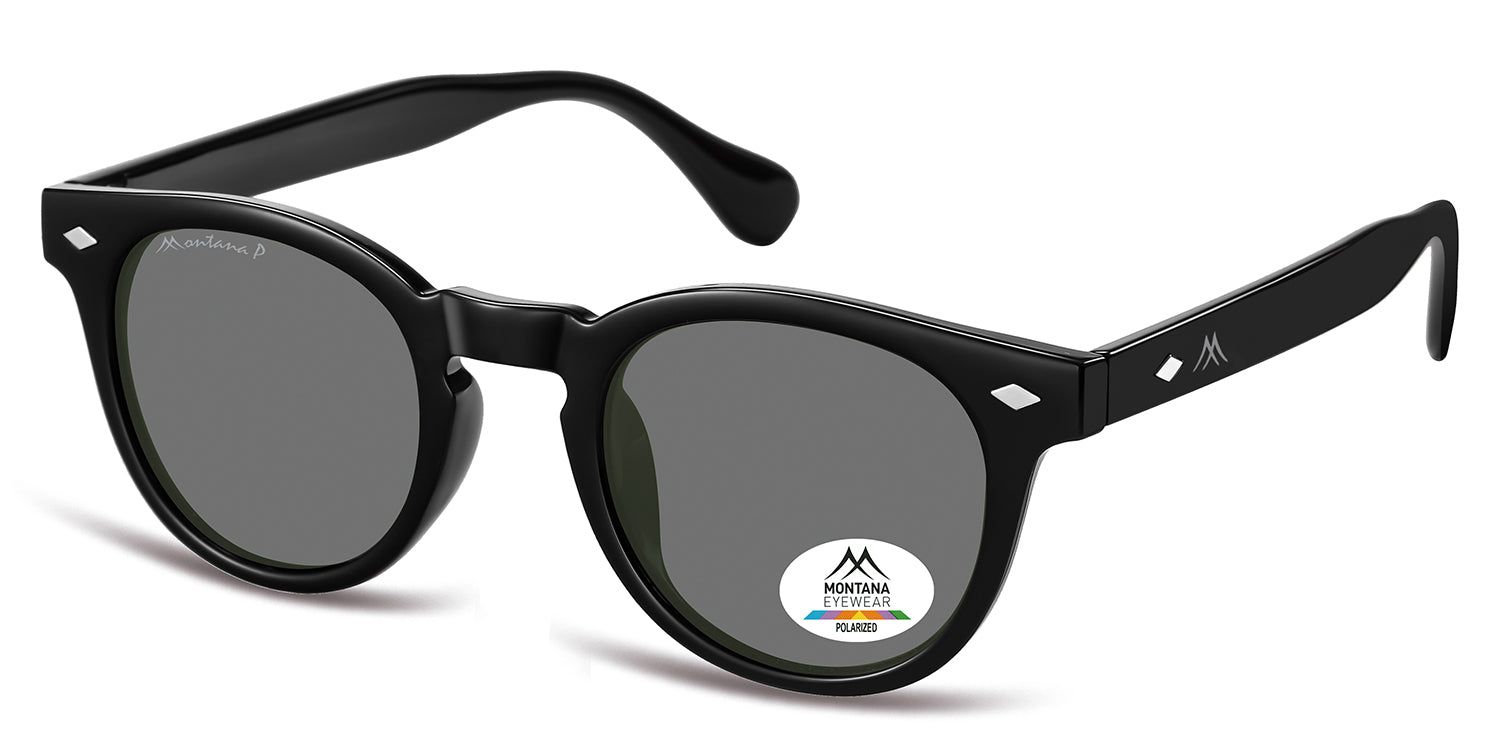 Lunettes de soleil noires, vue latérale. Verres ronds, logo Montana Eyewear sur la branche. Verres polarisés. Détails en forme de diamant.