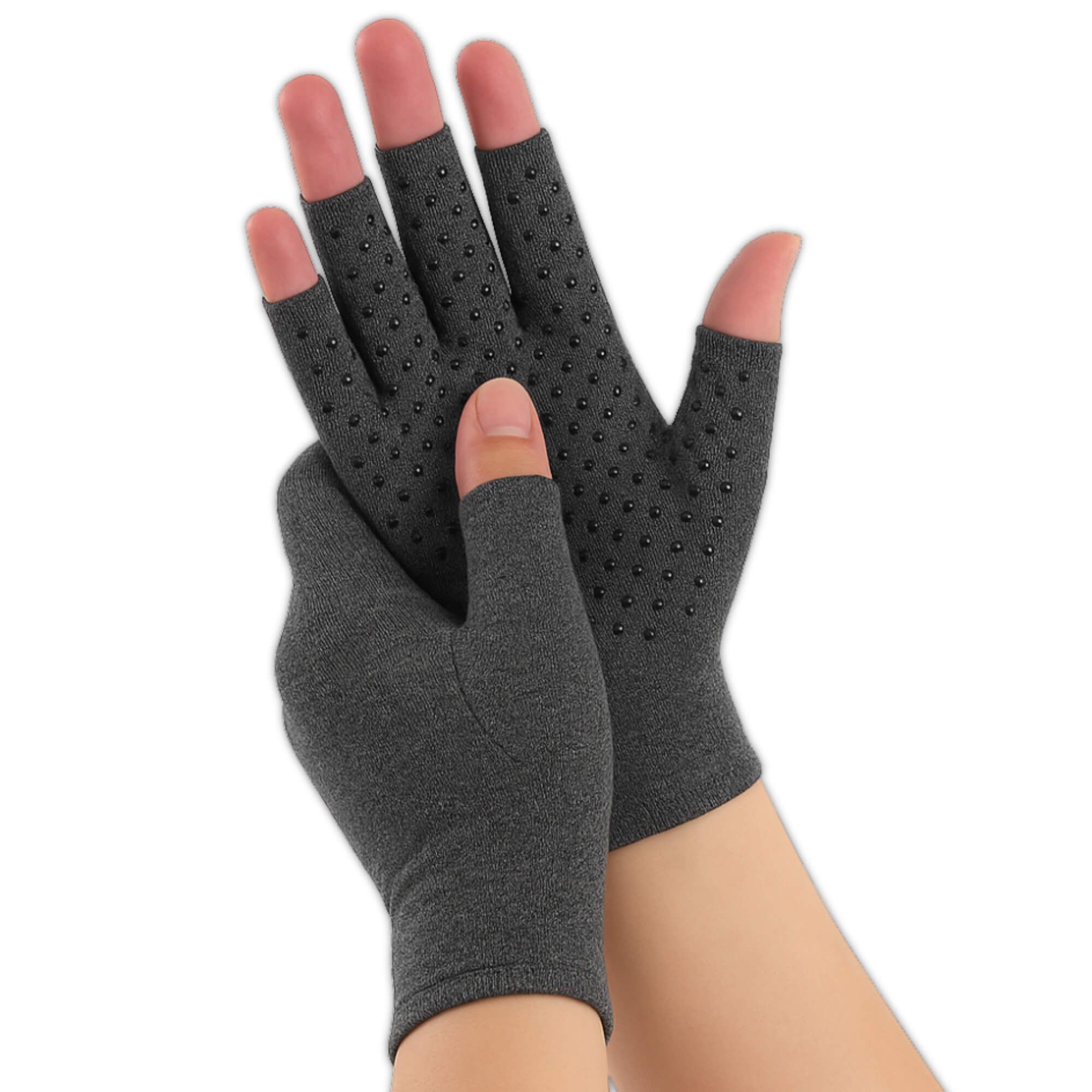Close-up van vingerloze compressiehandschoenen met nopjes.