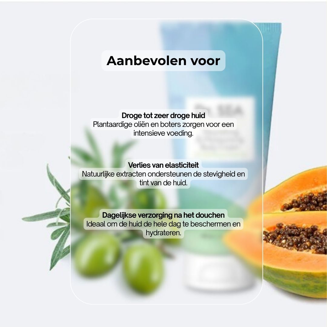 Crèmetube met tekst. Tekst: « Nourishing & Moisturising Body Cream ». Aanbevolen voor droge huid, verlies van elasticiteit. Olijven, papaya.