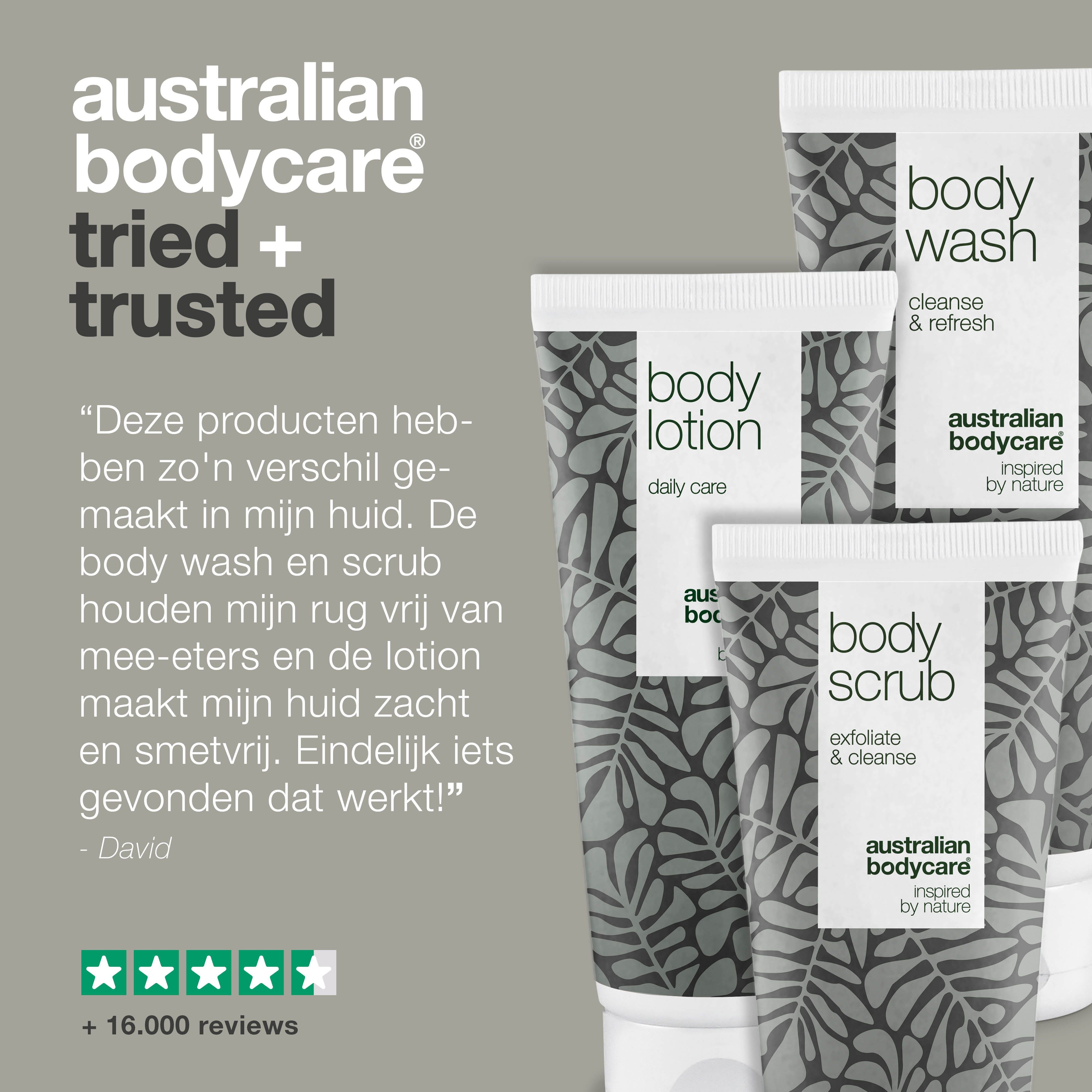 Productkit: Body Lotion, Body Wash, Body Scrub. Tekst: « Deze producten hebben zo’n verschil gemaakt... » Merk: Australian Bodycare.