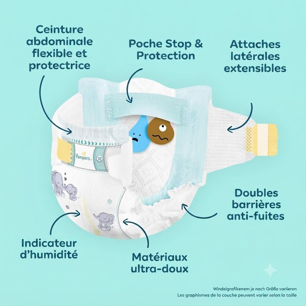 Couche Pampers: Taille flexible, Poche Stop & Protect, côtés extensibles, barrières anti-fuites.