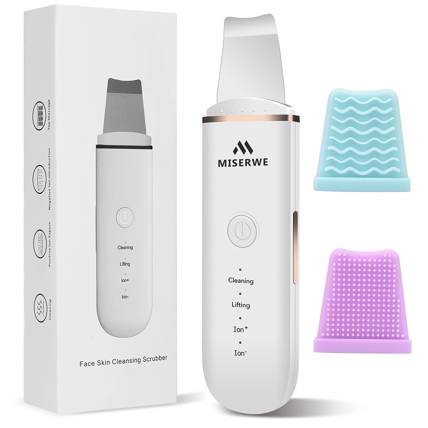 Appareil de soin de la peau blanc avec spatule métallique, panneau de commande et accessoires. Marque : MISERWE. Dans son emballage et avec deux brosses.