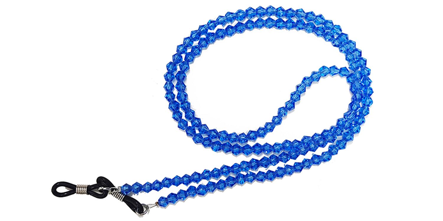 Blauwe brillenkoord met kralen. Zwarte lussen voor bevestiging aan de pootjes. Metalen sluitingen.