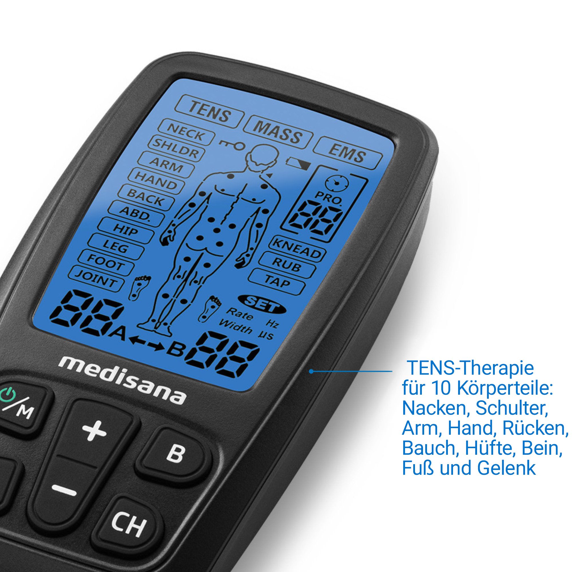 Close-up van Medisana TT 205 display met lichaamskaart en TENS/MASS/EMS modi.