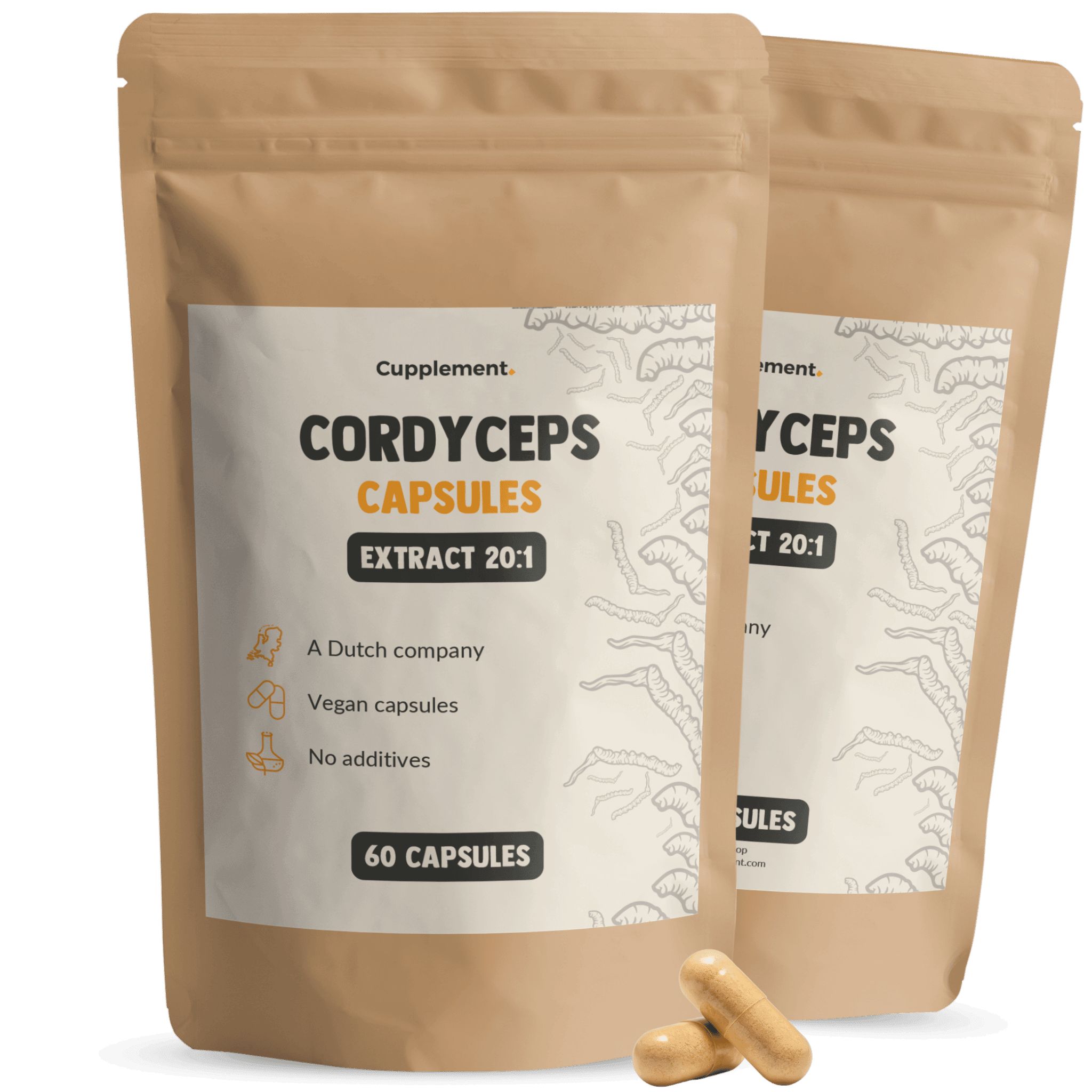 Twee zakjes Cordyceps capsules. Opschrift: Cordyceps Capsules, Extract 20:1, 60 capsules. Bruine verpakking, beige etiket.