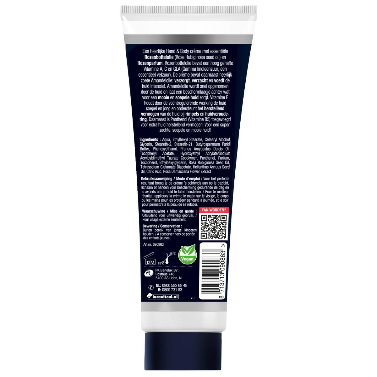 Achterkant van een crèmetube. Meertalige tekst. Ingrediënten, instructies en QR-code. Witte tube met blauwe dop.