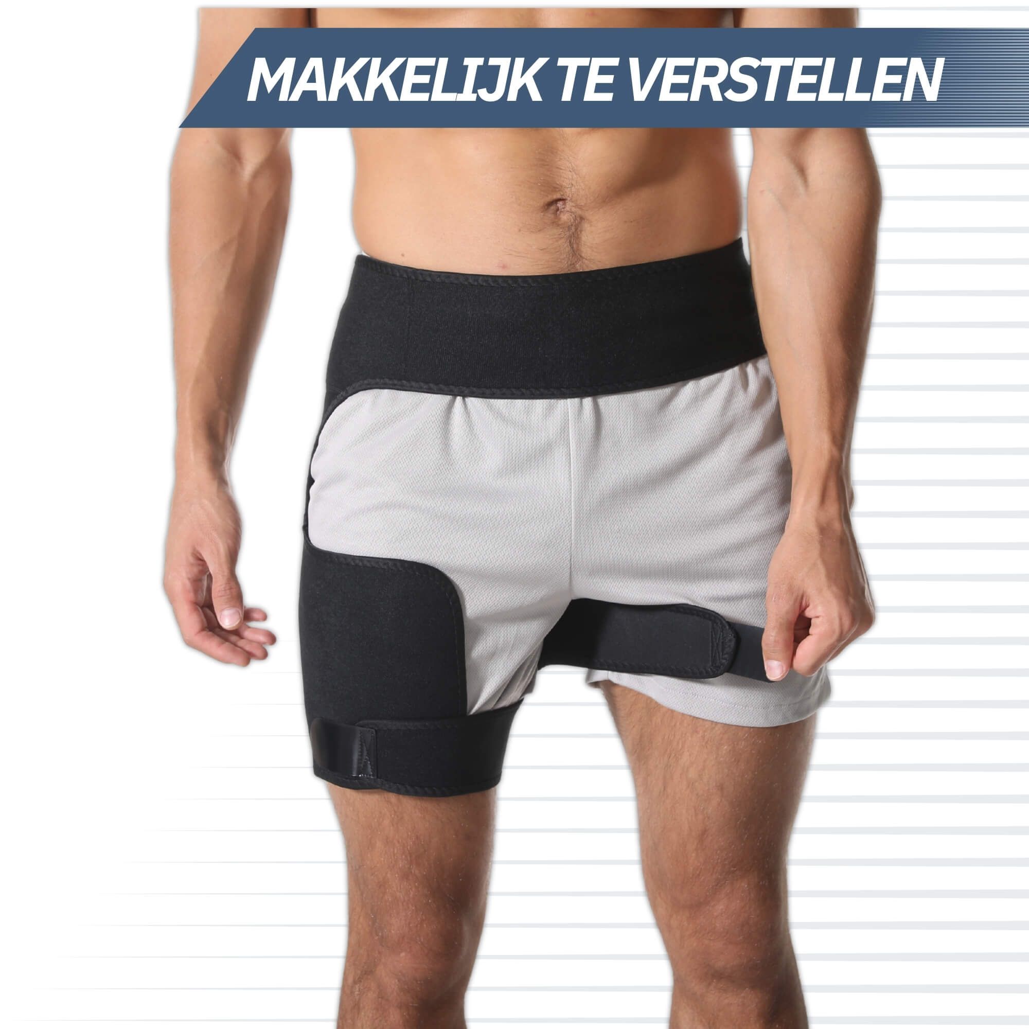 Zwarte heupbrace met klittenbandsluiting, afmetingen: 110cm x 42cm, 65cm.