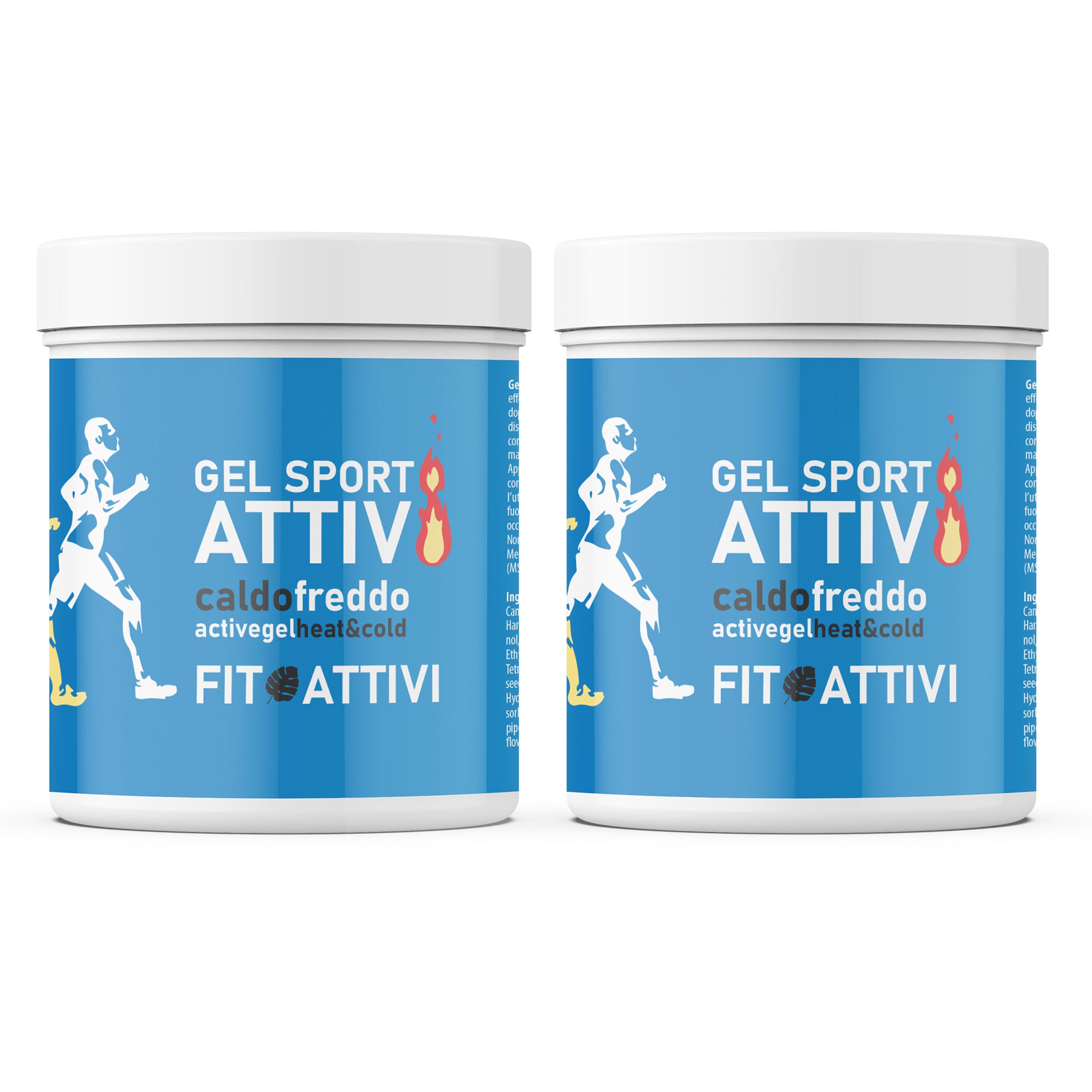 Deux pots bleus avec couvercles blancs. Inscription : GEL SPORT ATTIV, caldofreddo, activegel heat & cold, FIT ATTIVI. Illustration d'un coureur.
