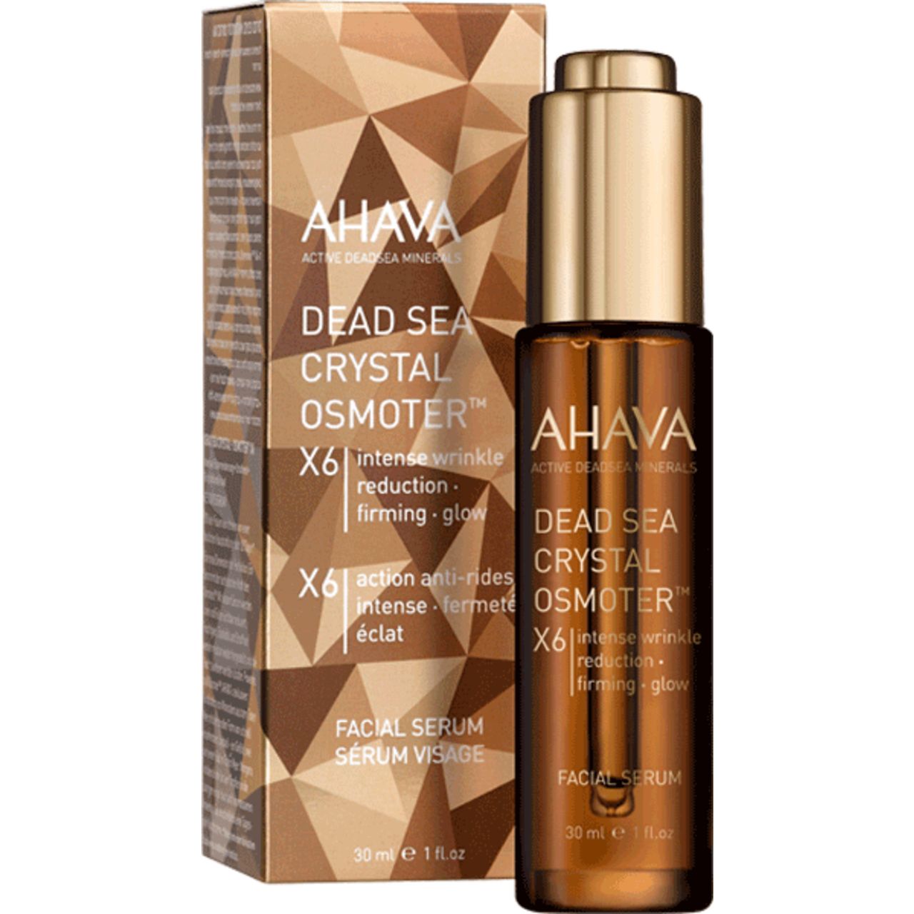 Sérum Visage AHAVA Dead Sea Crystal Osmoter X6 dans flacon verre brun avec pipette dorée et boîte. Texte : Réduction rides, raffermit, éclat.