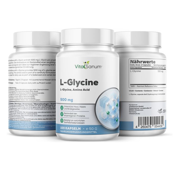VitaSanum L-Glycine 500 mg capsules. Drie containers, één vooraan, twee achteraan, met gedetailleerde productinformatie.
