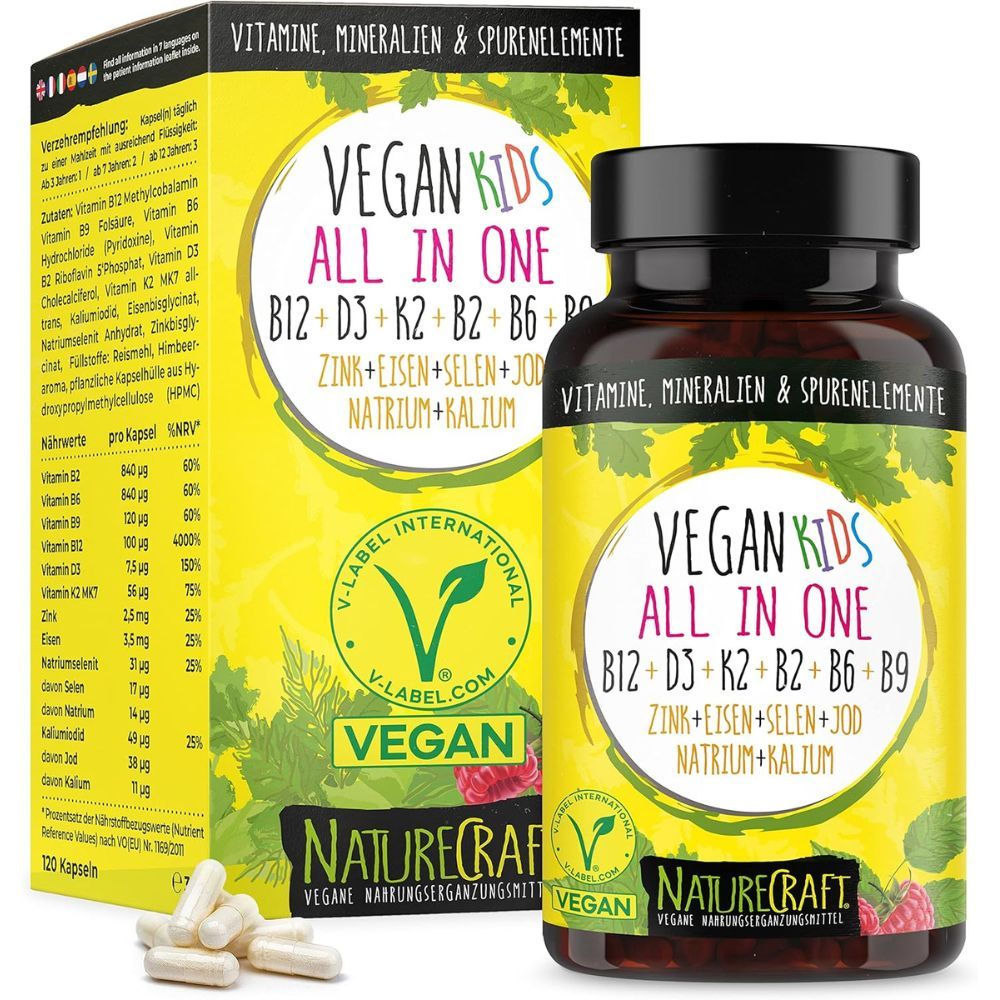NatureCraft Vegan Kids All-In-One capsules met frambozen en bladeren.