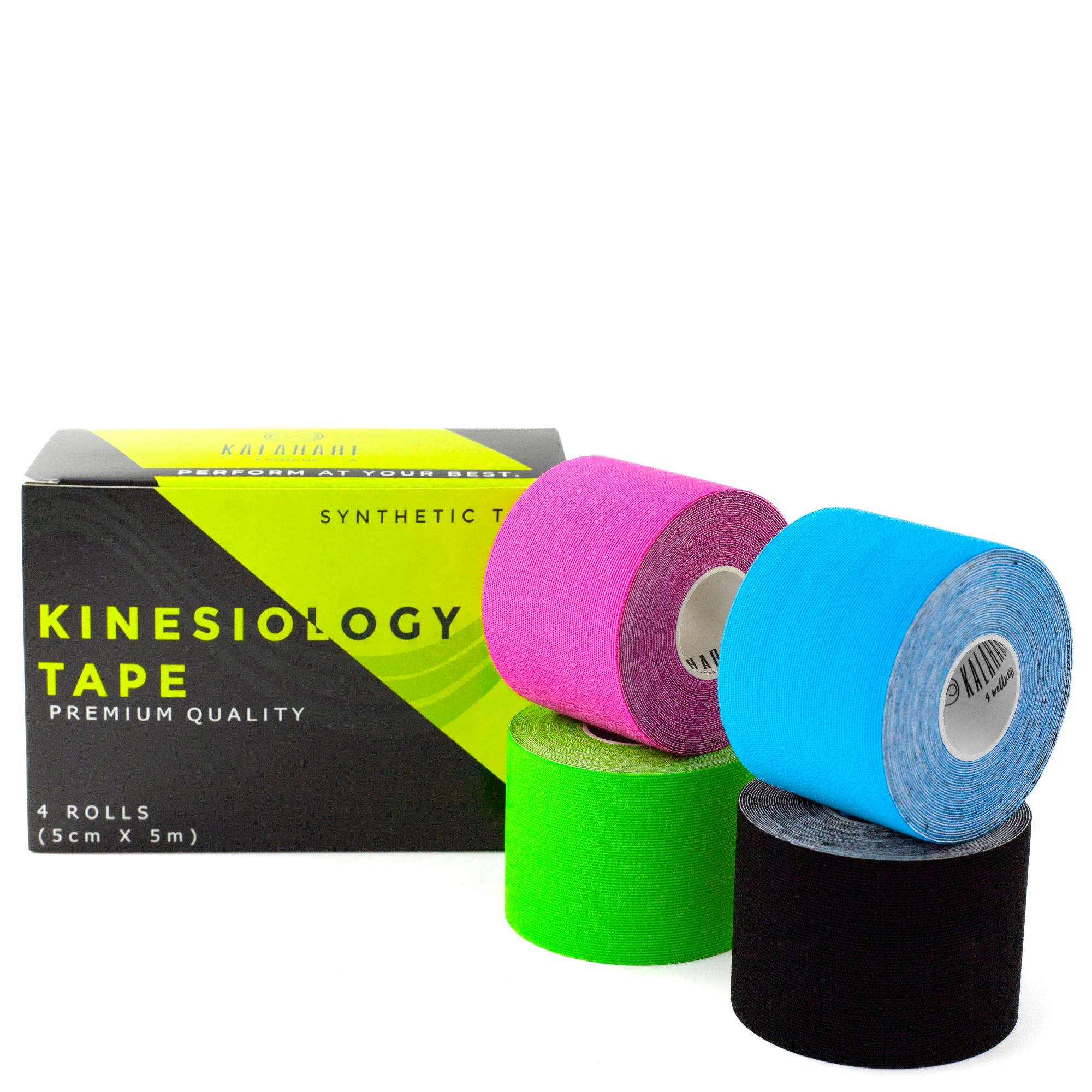 Emballage et quatre rouleaux de bande de kinésiologie : rose, bleu, vert, noir.