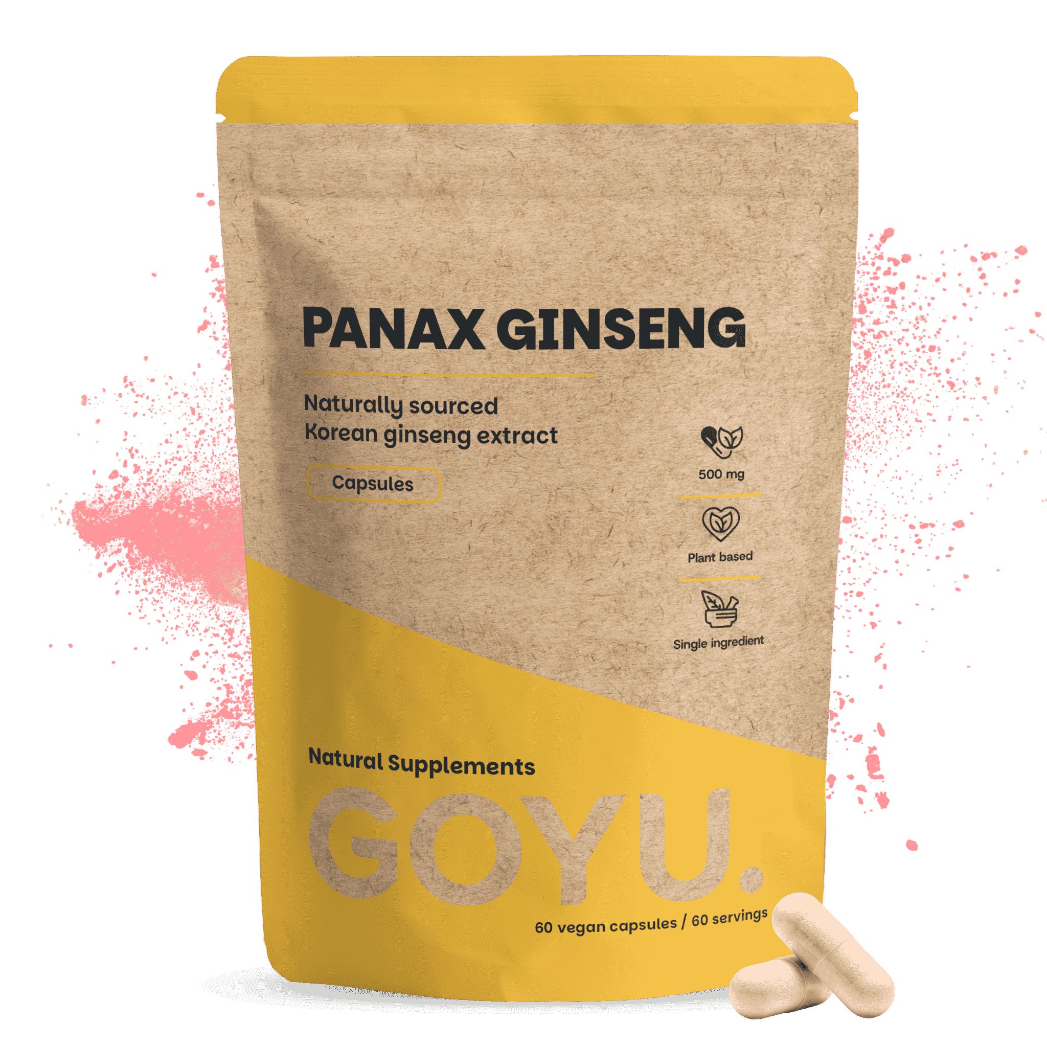 Bruine papieren zak met Panax Ginseng capsules, 500 mg. Natuurlijke voedingssupplementen.