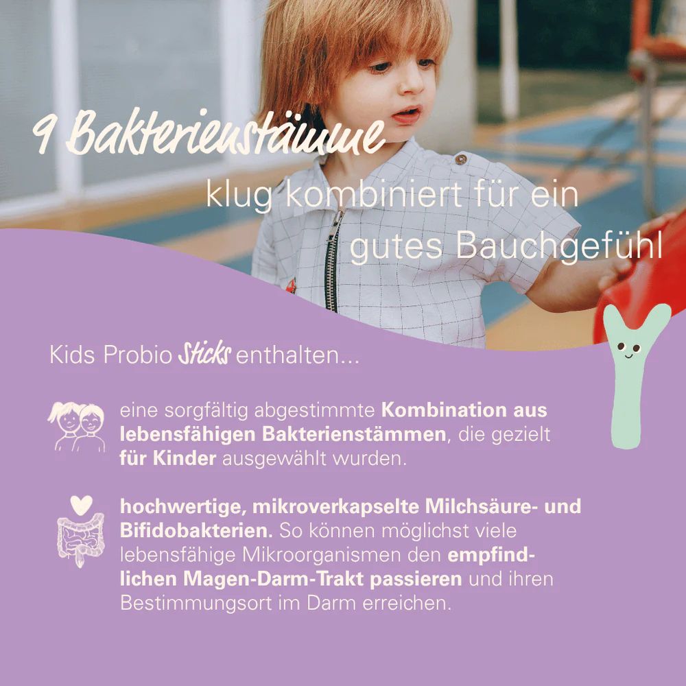 Tekst: Kids Probio Sticks bevatten... Een combinatie van bacteriestammen. Hoogwaardige, micro-ingekapselde melkzuur- en bifidobacteriën.