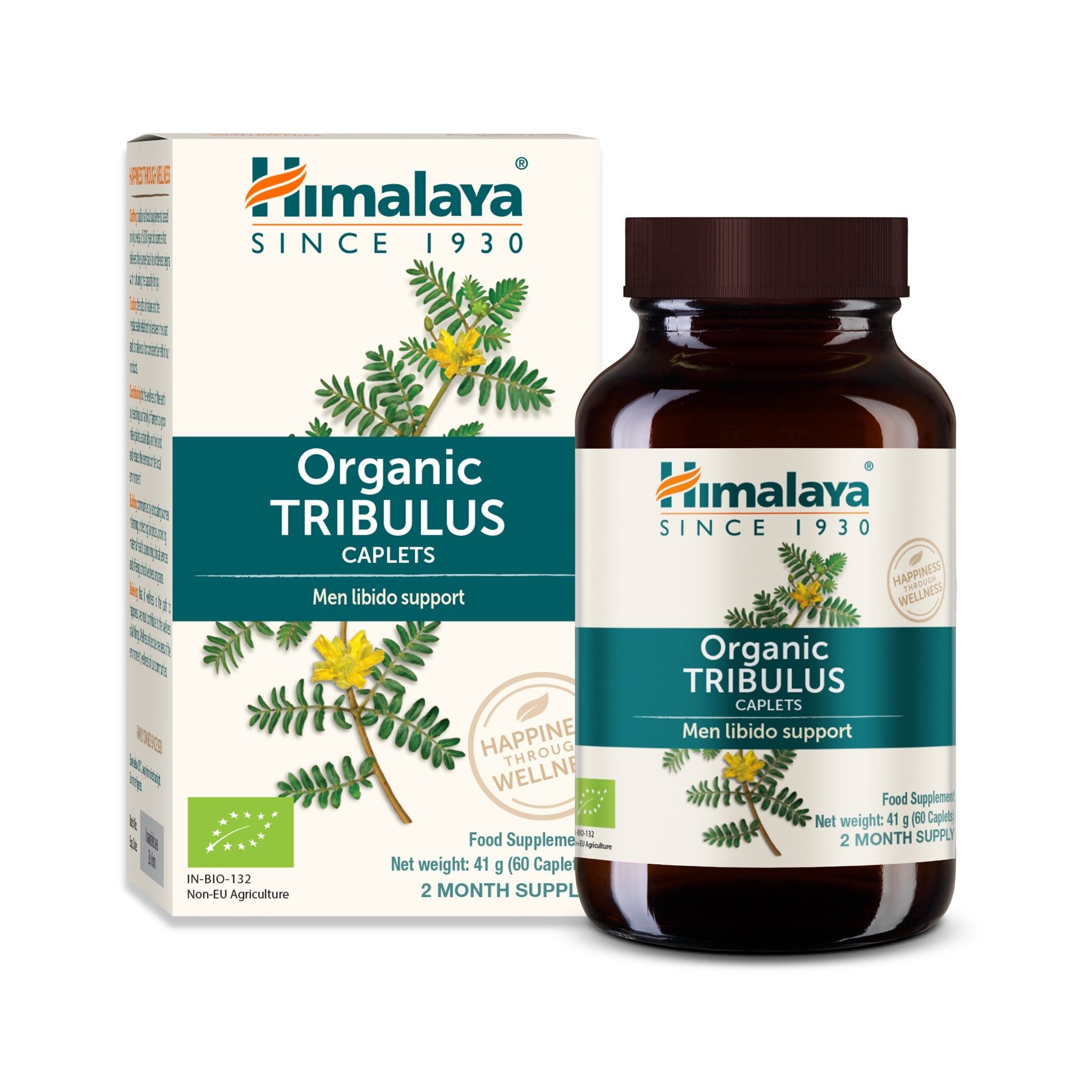 Boîte et flacon de "Organic Tribulus Caplets". Marque Himalaya. Label bio visible. Texte "Men libido support".