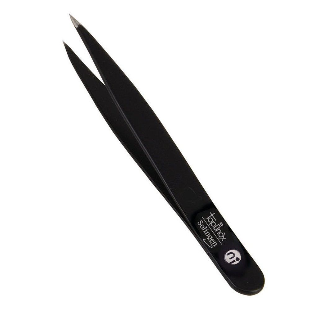 Zwarte, puntige pincet van roestvrij staal. Op de greep staat "TopInox Solingen" en een logo.