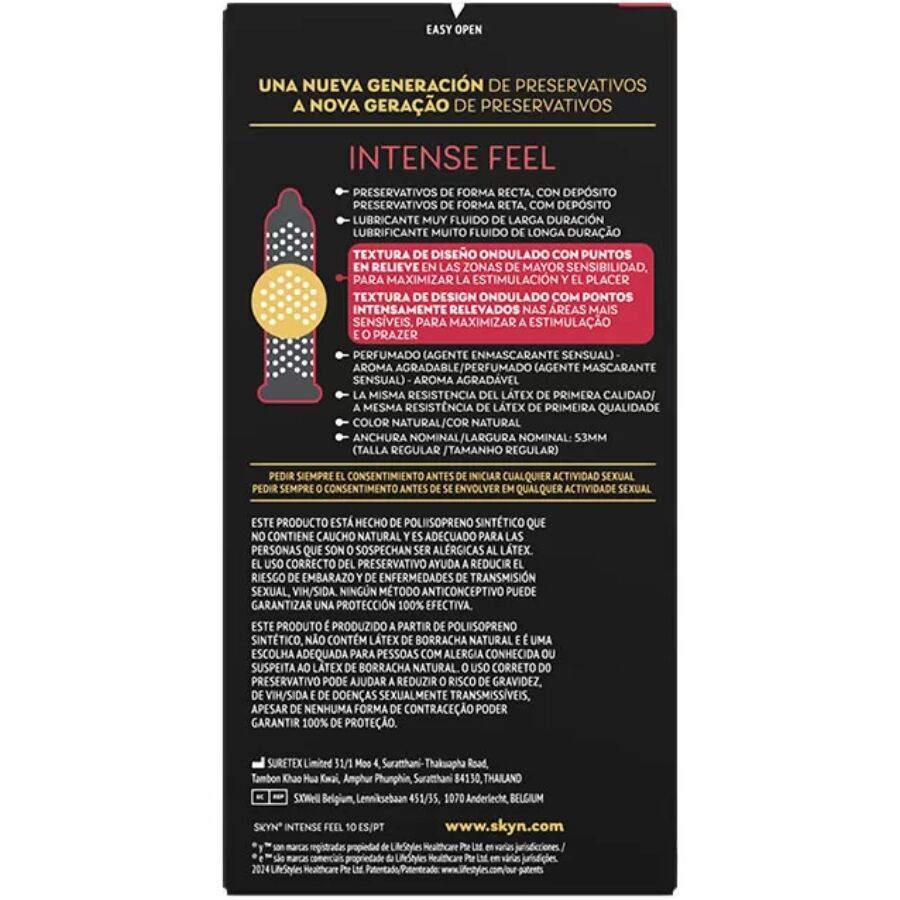 Emballage noir avec informations produit en espagnol. Détails sur les caractéristiques et les ingrédients.