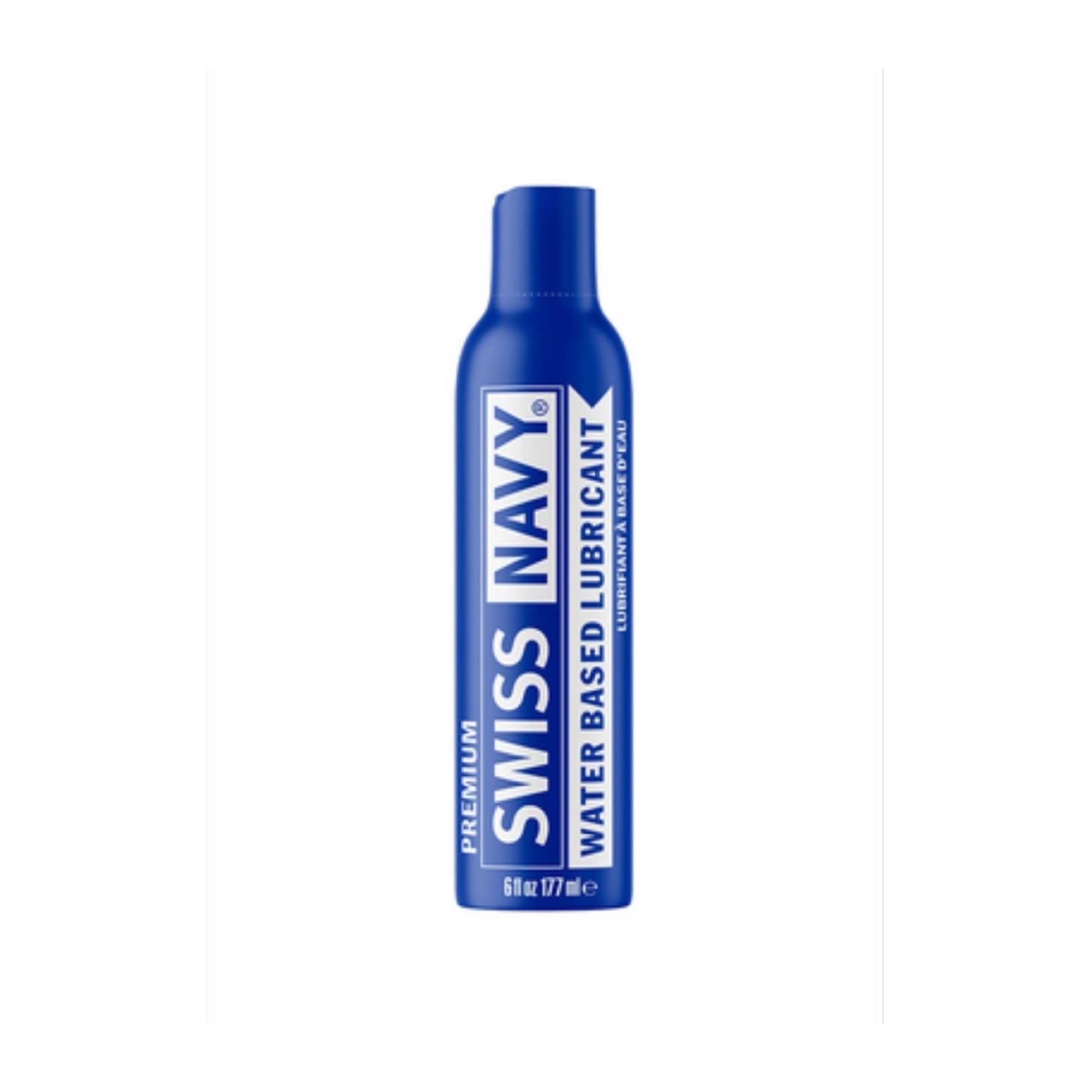 Flacon bleu avec texte blanc. Inscription: Swiss Navy Premium Water Based Lubricant. En bas: 6 fl oz / 177 ml.
