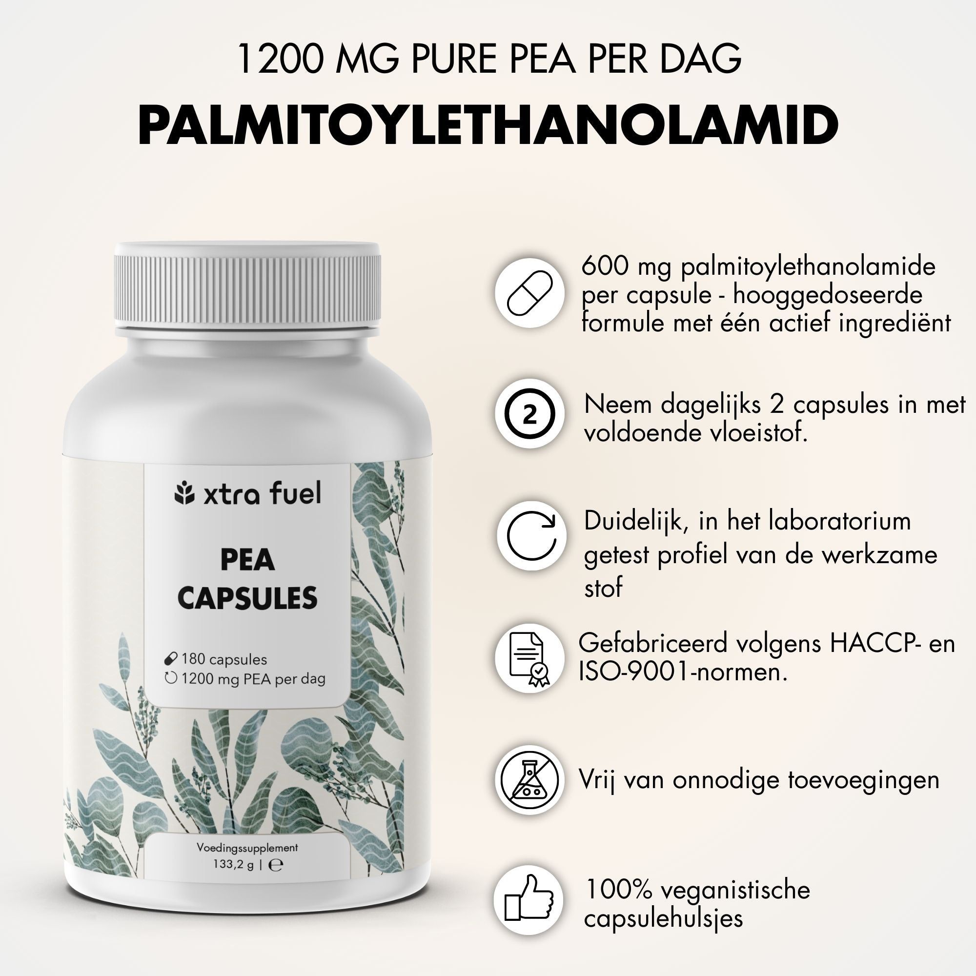 XTRA FUEL PEA capsules: 180 stuks, 1200mg PEA per dag. Vegan, lab-getest, zonder toevoegingen.
