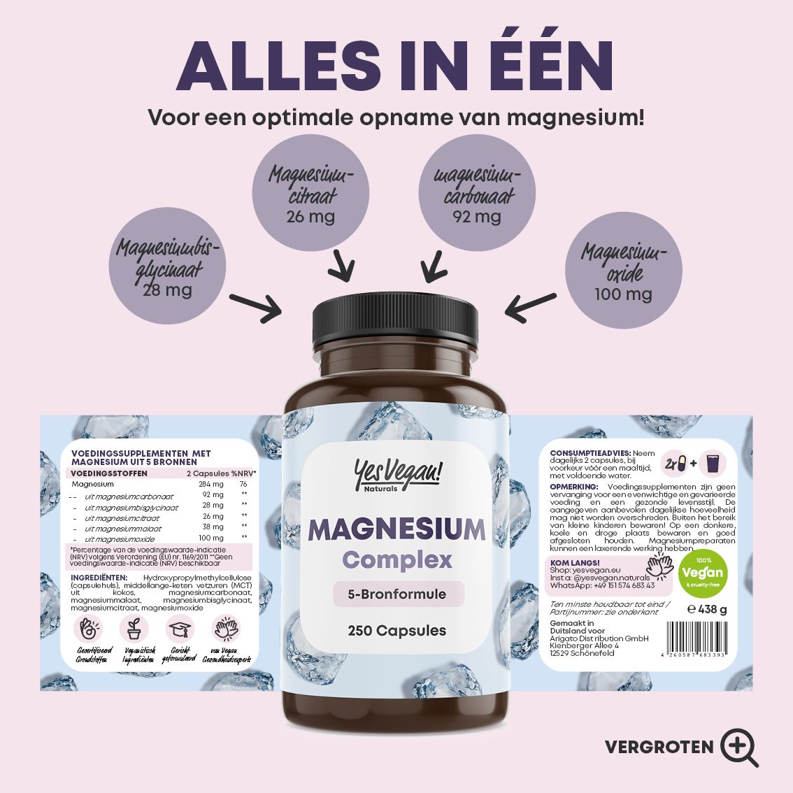 Fles Magnesium Complex, 5-bronnenformule, 250 capsules. Met ijsblokjespatroon.