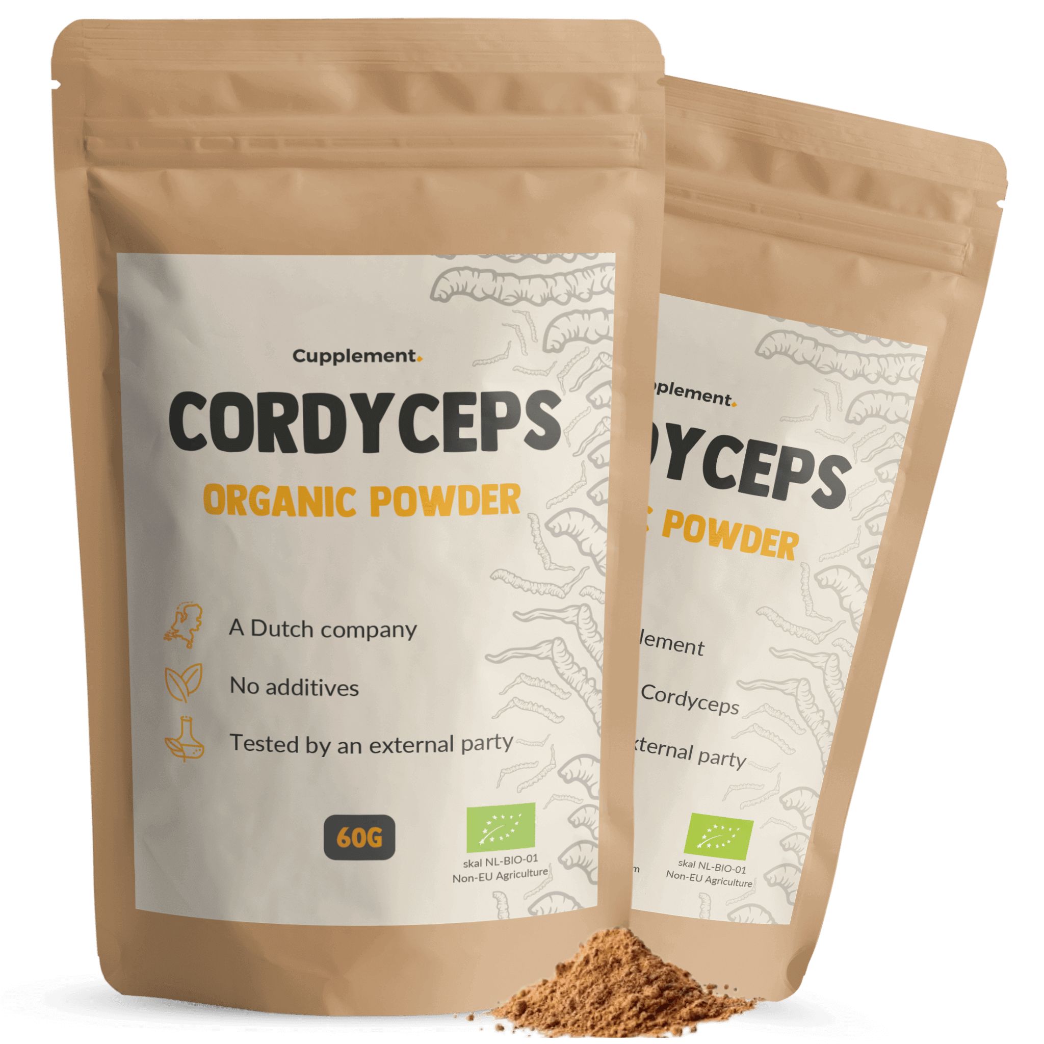 Twee zakjes Cordyceps poeder. Opschrift: Cordyceps Organic Powder. 60g. Bio-keurmerk.