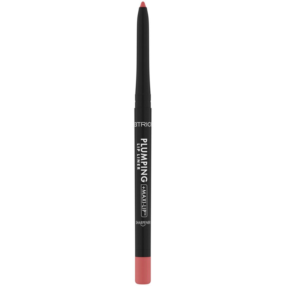 Roze lippenpotlood. Zwarte schacht met productnaam. Punt en uiteinde in productkleur.