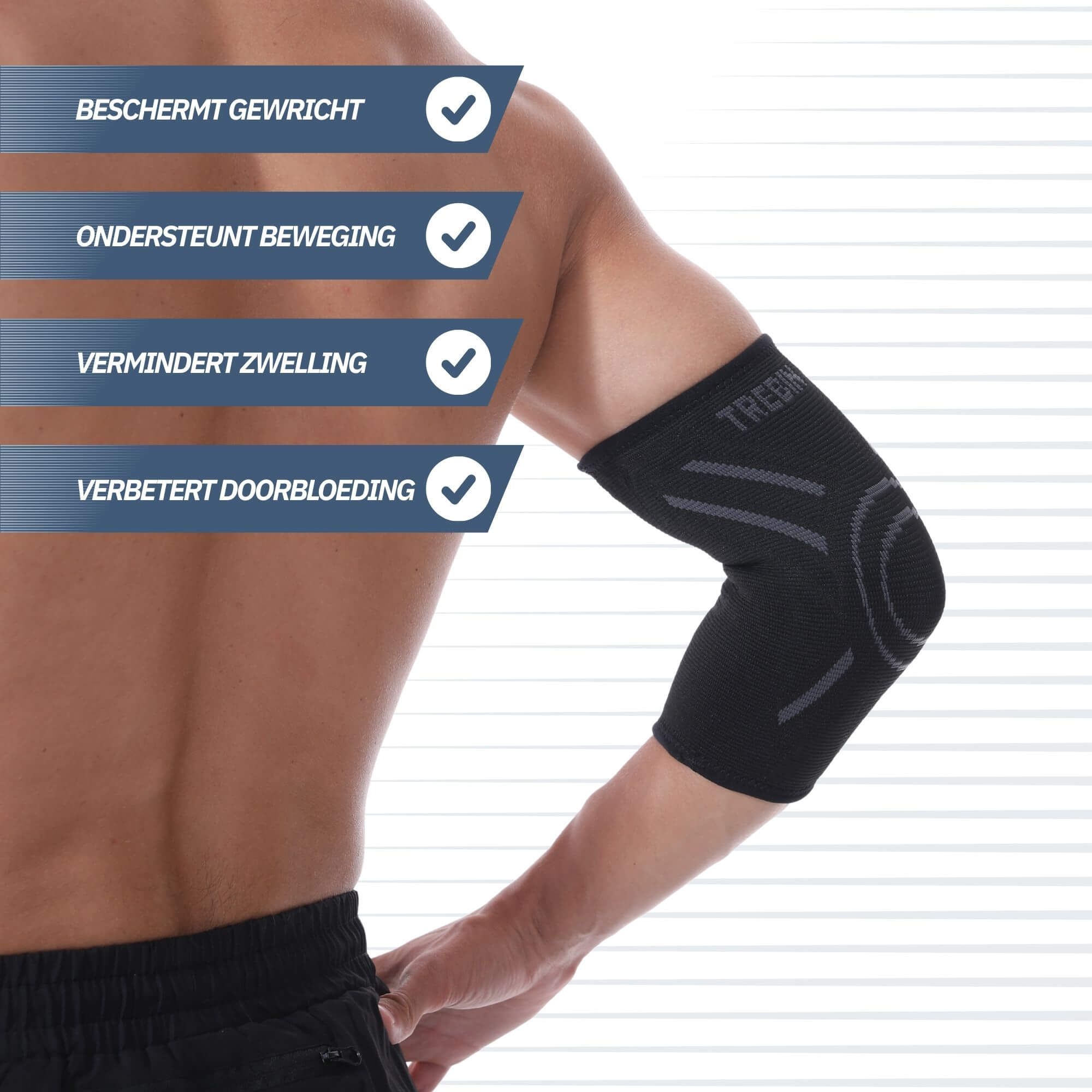 Zwarte compressie elleboogbrace met grijze accenten. Biedt bescherming en ondersteuning.