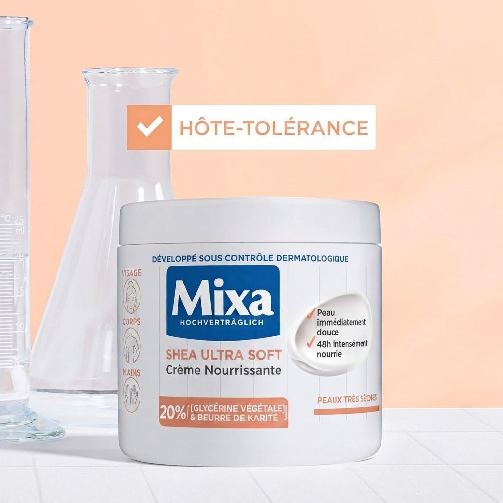 Mixa Shea Ultra Soft Crème Nourrissante dans un pot blanc. Contient 20% glycérine végétale et beurre de karité. Haute tolérance.