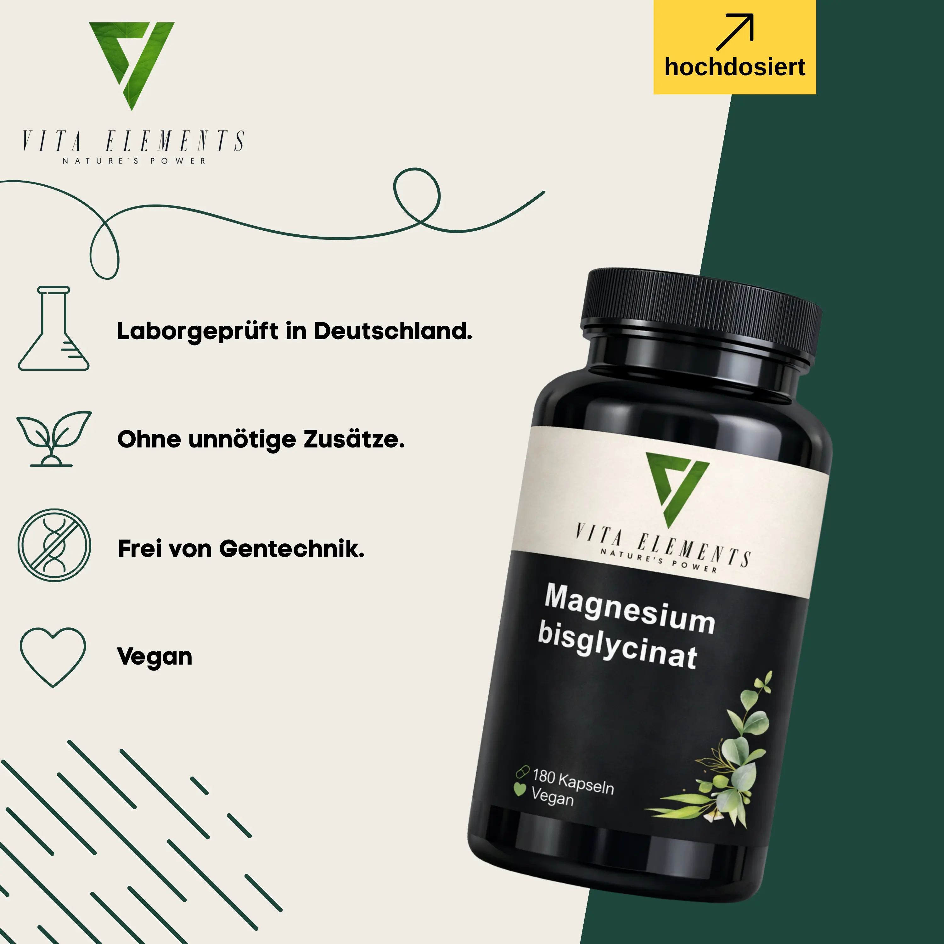 Flacon noir de gélules 'Magnesium bisglycinate'. 180 gélules, vegan. Logos : Vita Elements, testé en laboratoire, sans additifs, sans OGM, vegan.