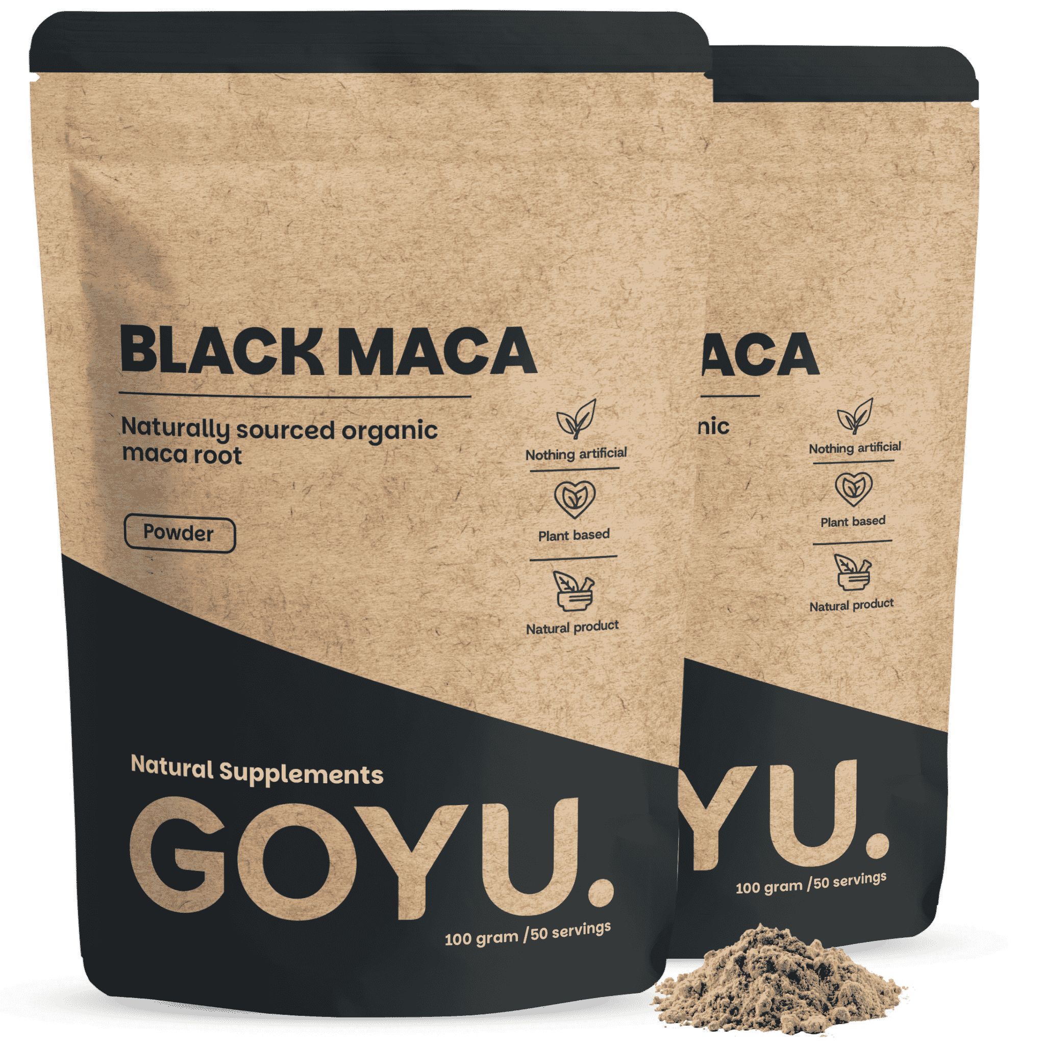 Deux paquets de poudre GOYU Black Maca, racine de maca bio d'origine naturelle, 100 grammes par paquet.