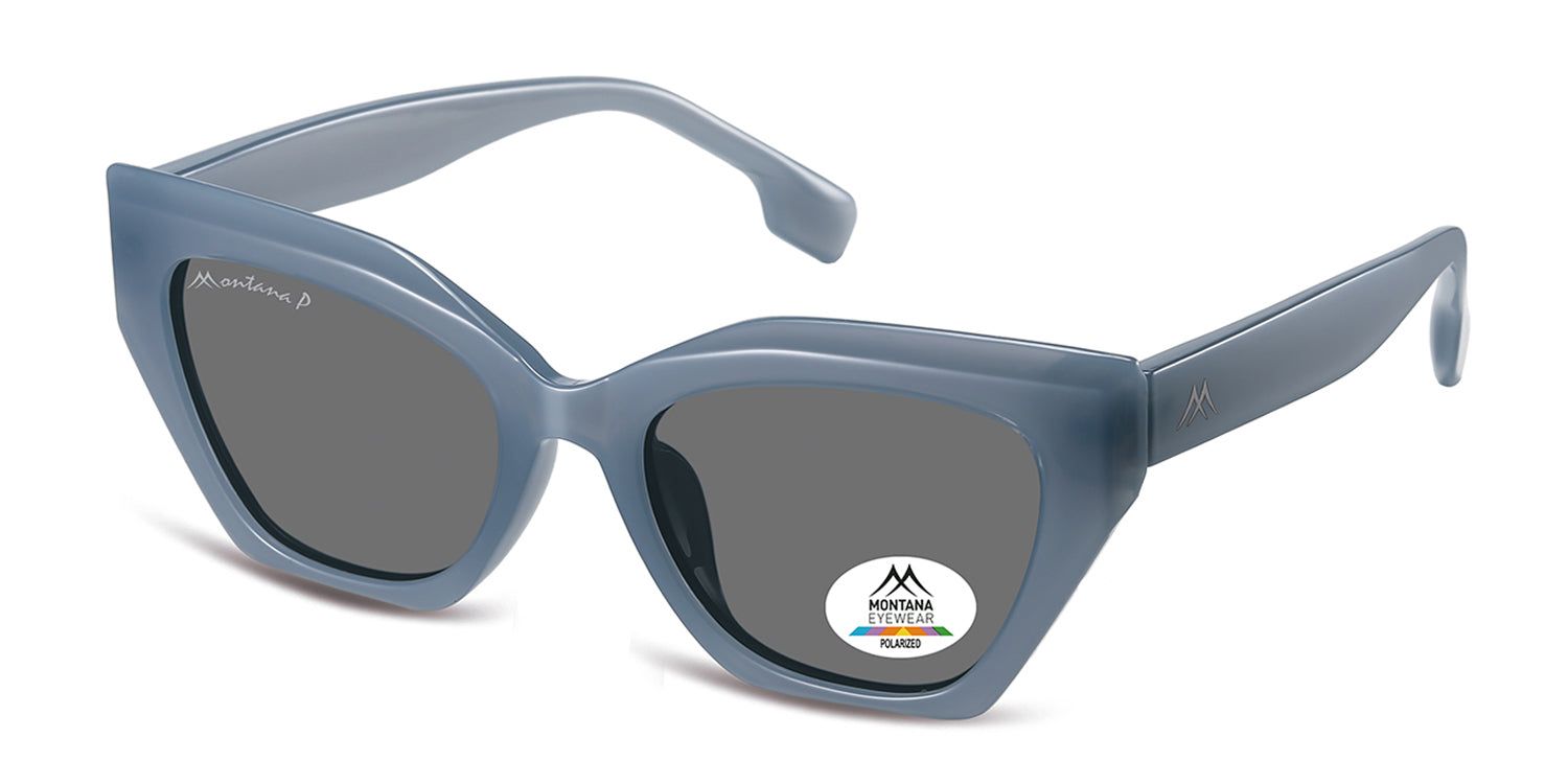 Lunettes de soleil bleues avec verres foncés. Logo Montana Eyewear sur la lentille. Verre polarisé. Forme œil de chat. Vue perspective.
