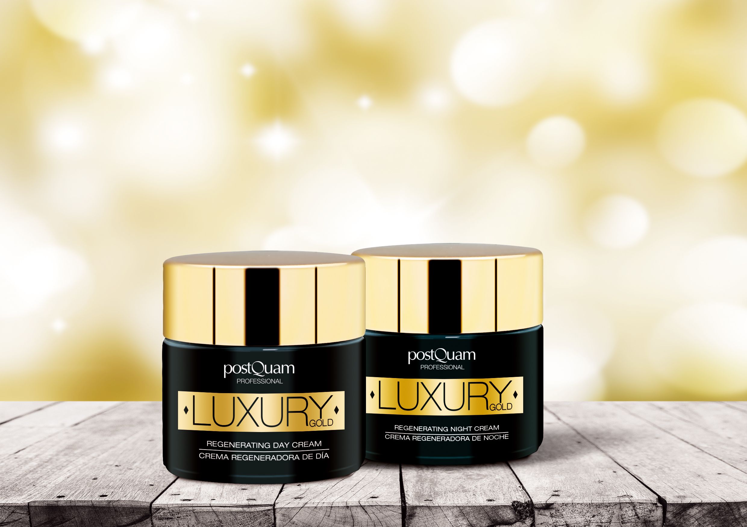 Deux pots avec couvercles dorés. Inscription: Luxury Gold, Regenerating Day Cream et Night Cream. Marque: Postquam Professional.