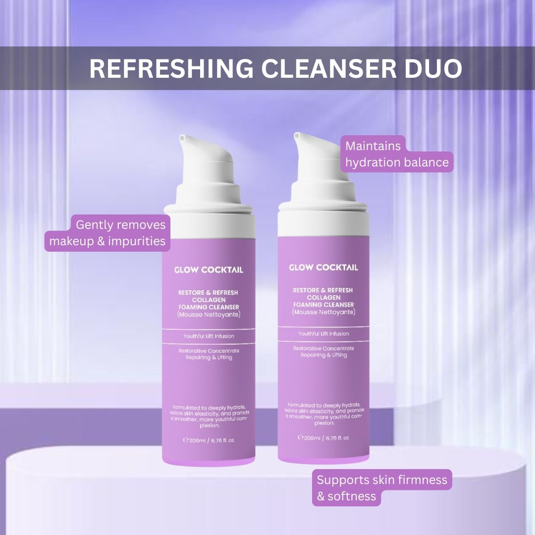 Twee paarse flessen met witte pomp. Tekst: Glow Cocktail, Restore & Refresh Collagen Foaming Cleanser. Bijschriften.