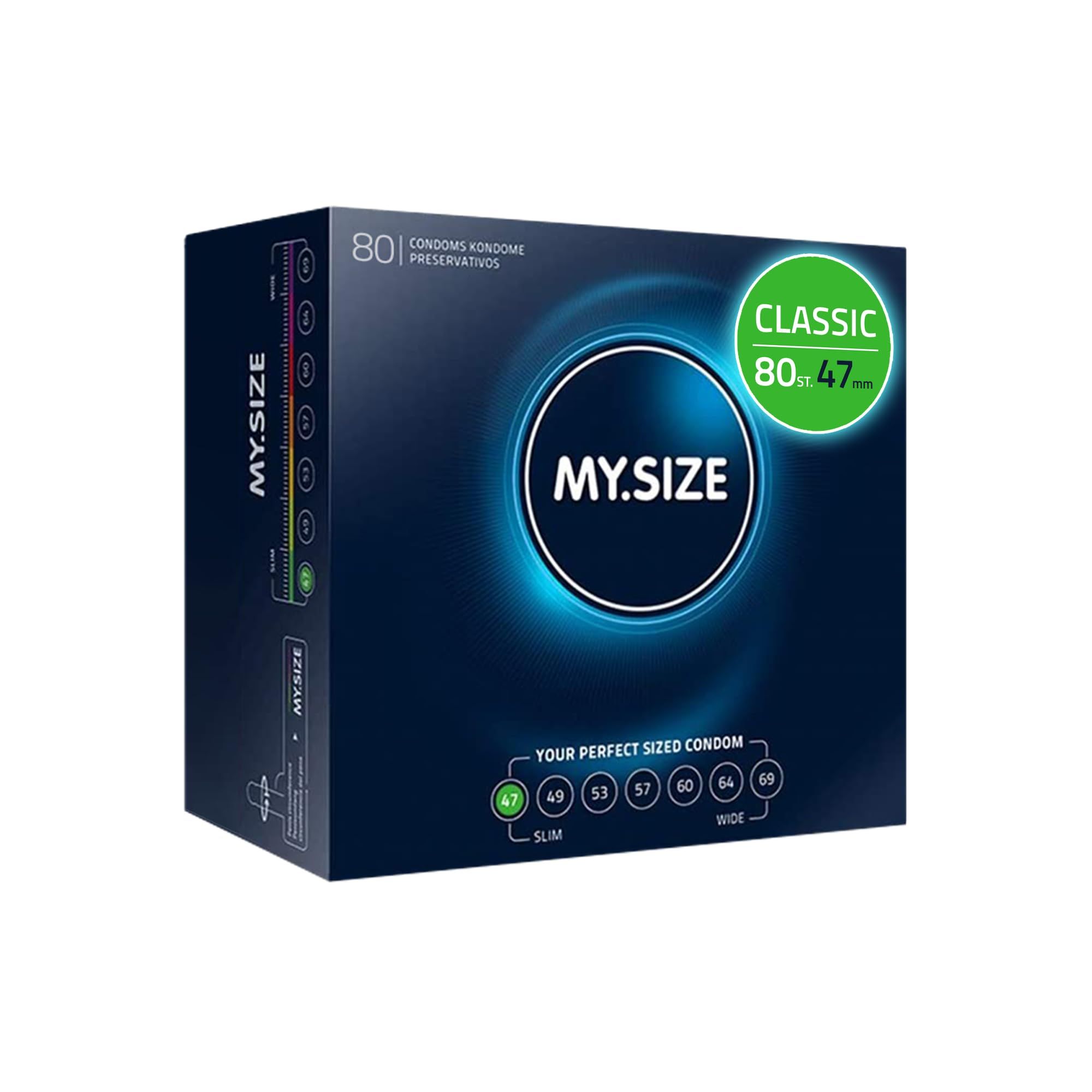 MY.SIZE Classic Condoms 47mm. Kustend stel, omringd door individuele condooms en een verpakking.
