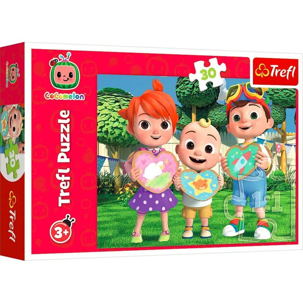 Trefl Puzzel Cocomelon: Giochiamo, 30 stukjes. Rode verpakking met Cocomelon-personages. Trefl-logo en leeftijdsadvies 3+.