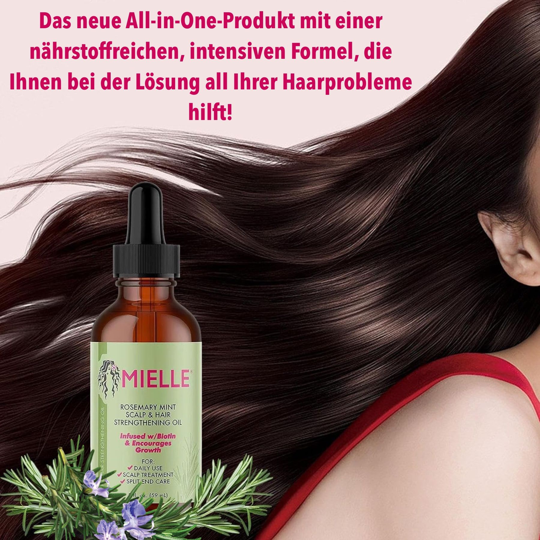 Huile fortifiante Mielle Rosemary Mint pour cuir chevelu et cheveux dans un flacon en verre brun avec pipette.
