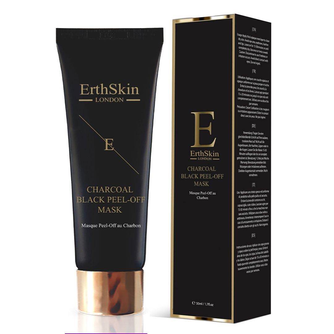 Zwarte ErthSkin London masker tube en bijpassende verpakking met productinformatie.
