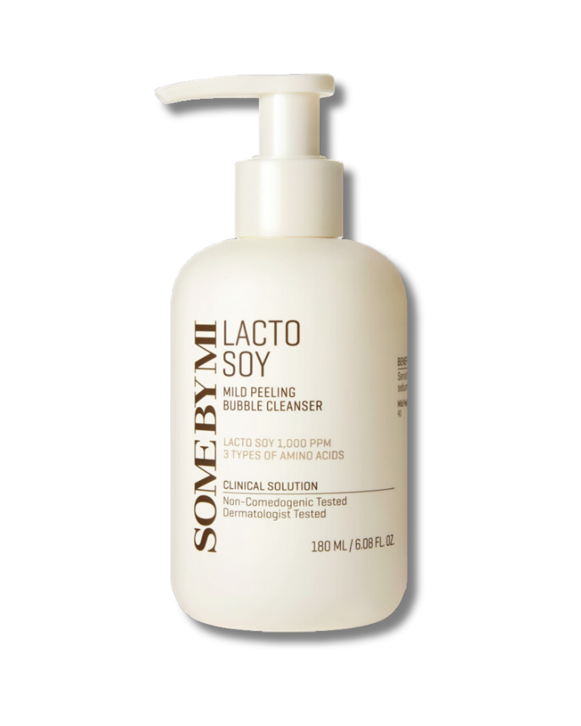 Flacon SOMEBYMI Lactosoy Mild Bubble Cleanser. Flacon blanc avec pompe. Nom du produit et texte visibles.