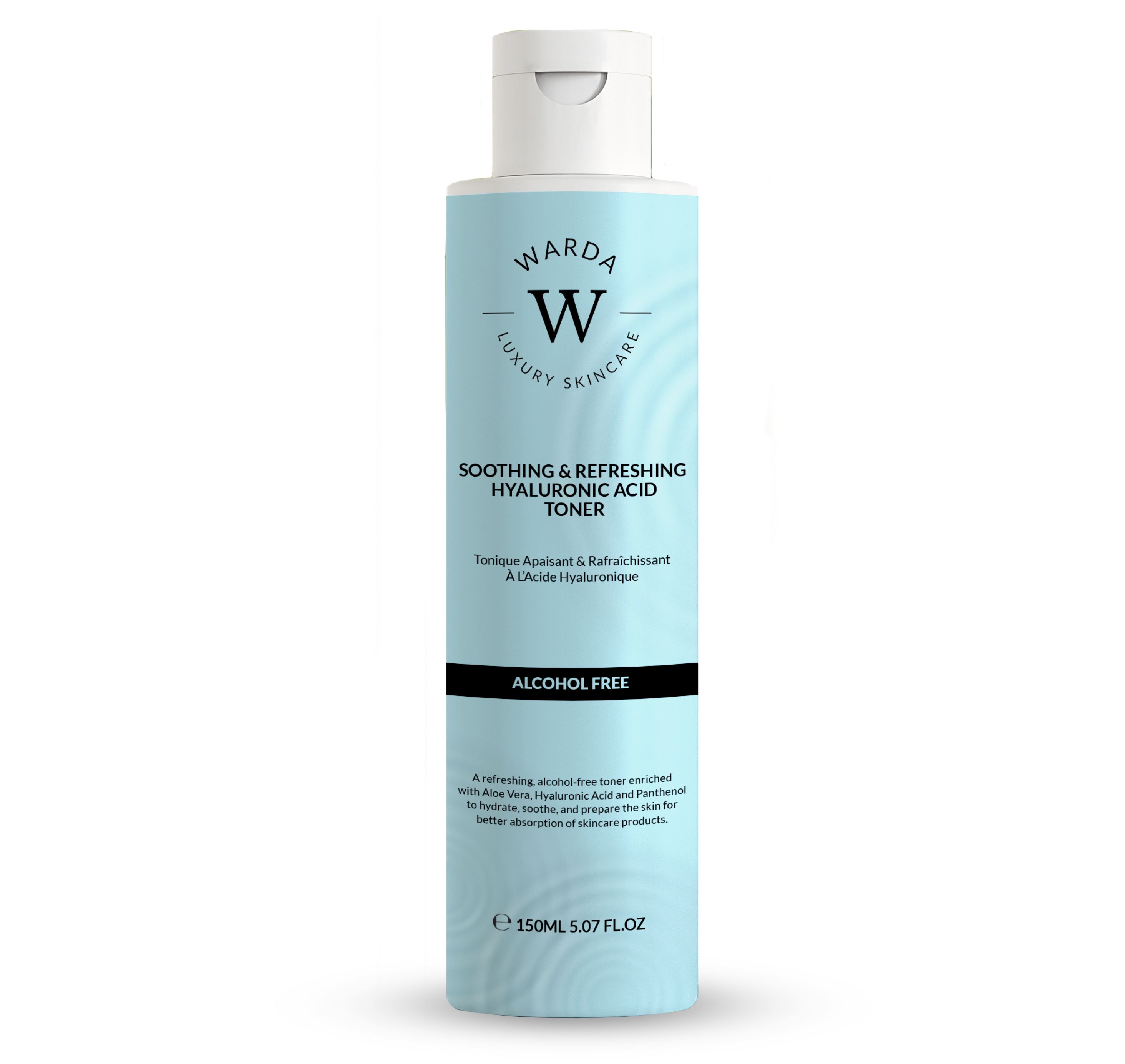 Flacon bleu clair avec bouchon blanc. Inscription: WARDA LUXURY SKINCARE, SOOTHING & REFRESHING HYALURONIC ACID TONER, ALCOHOL FREE.
