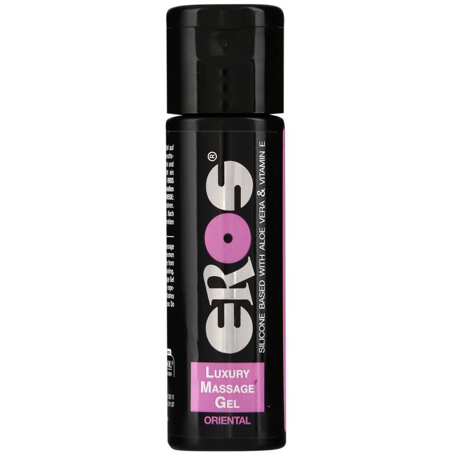 Zwarte fles met roze etiket. Tekst: EROS, Luxury Massage Gel, Oriental. Bevat Aloe Vera & Vitamine E.