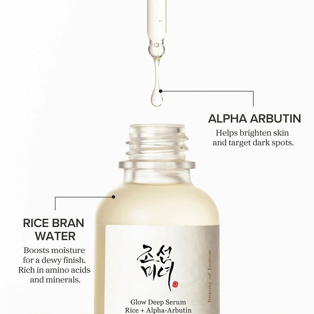 Serumfles met opschrift: Glow Deep Serum, Rice + Alpha-Arbutin. Merk: Beauty of Joseon. Tekst: Alpha Arbutin, Rice Bran Water. Met druppel.