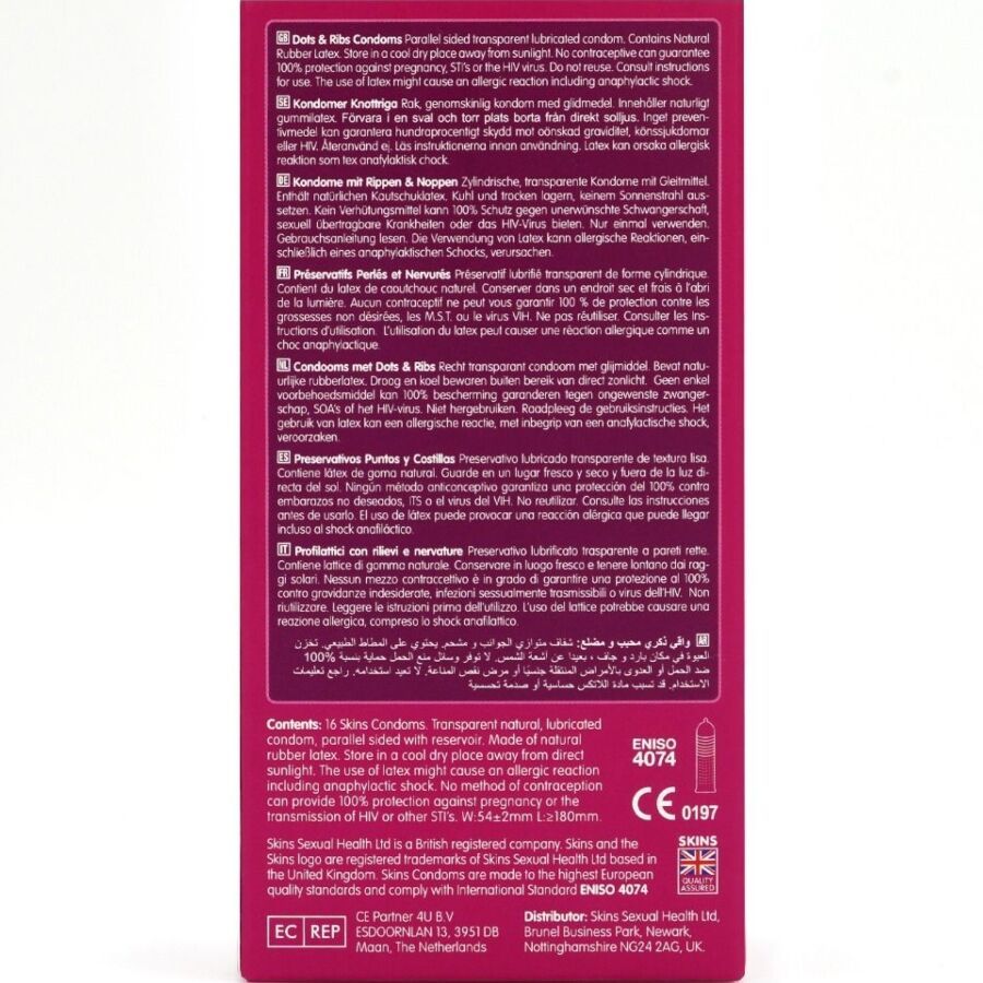 Achterkant van de roze verpakking met meertalige tekst. Informatie over condooms.