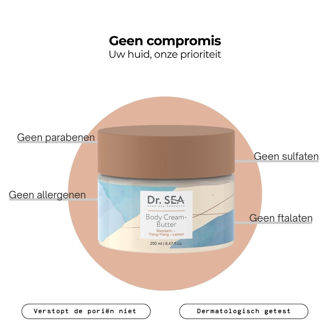 Productpot met tekst. Tekst: Hydratatie en zachtheid, Verstevigt de huid, Anti-cellulitis en vlekken, Herstelt de stevigheid.
