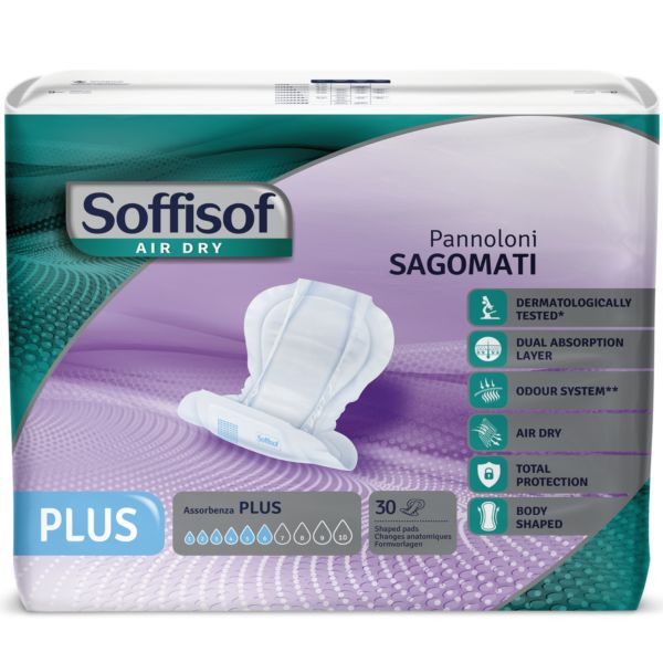 Paquet de Soffisof Inkontinenzeinlagen Plus. 30 unités. Testé dermatologiquement. Air Dry, double couche absorbante, contrôle des odeurs et forme.