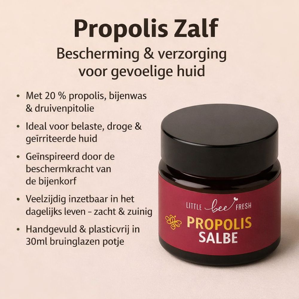 Product met tekst: "Propolis Zalf", gevolgd door "Bescherming & verzorging voor gevoelige huid". Pot met etiket "Little Bee Fresh".