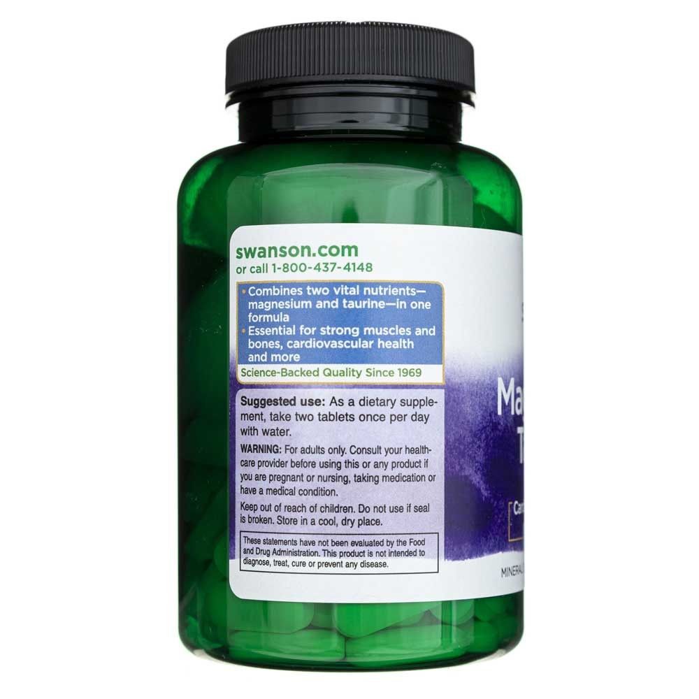 Groene plastic fles met zwarte dop, gevuld met tabletten. Bevat magnesium en taurine.